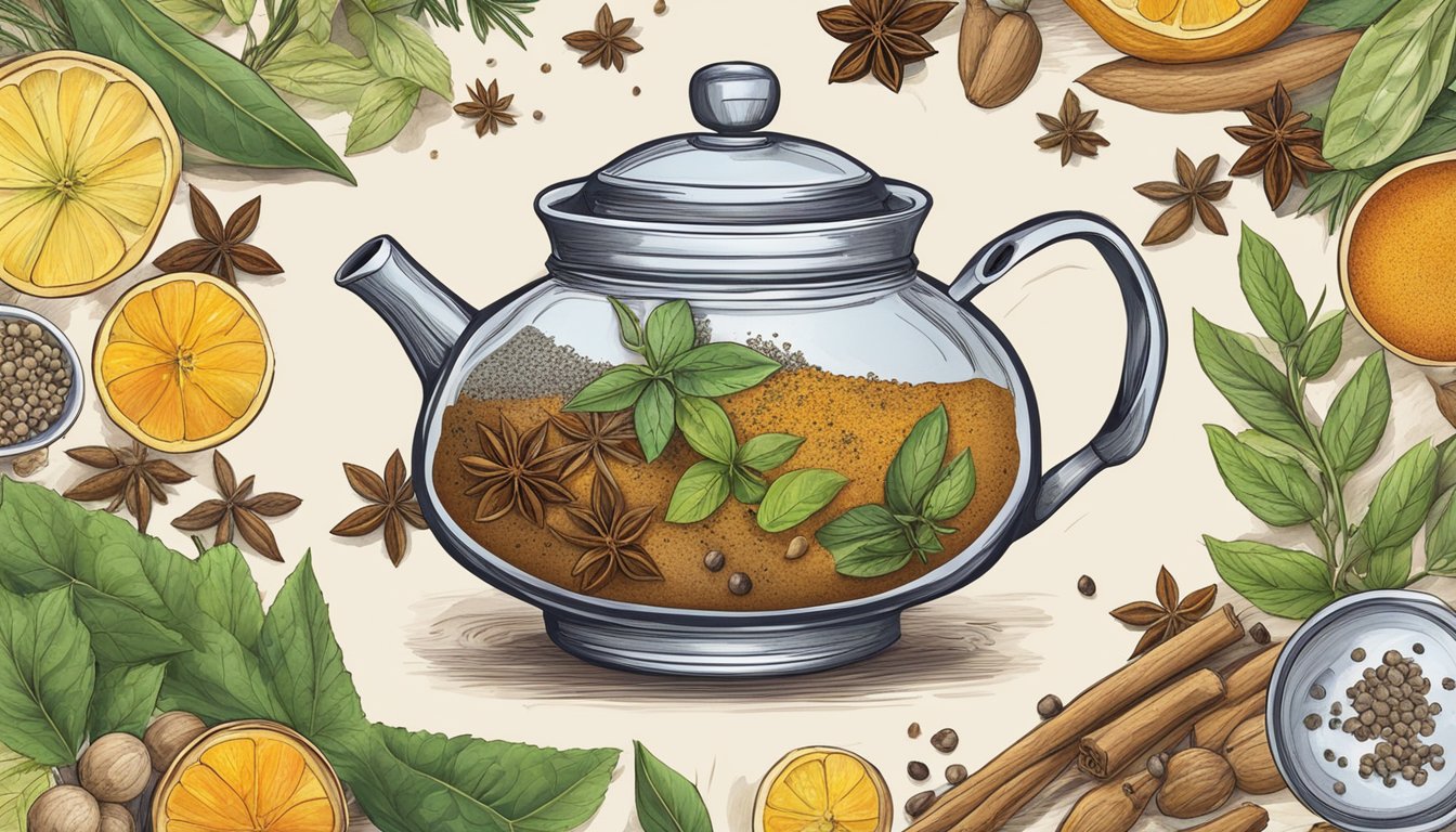 A teapot surrounded by various spices and herbs, with steam rising from the spout