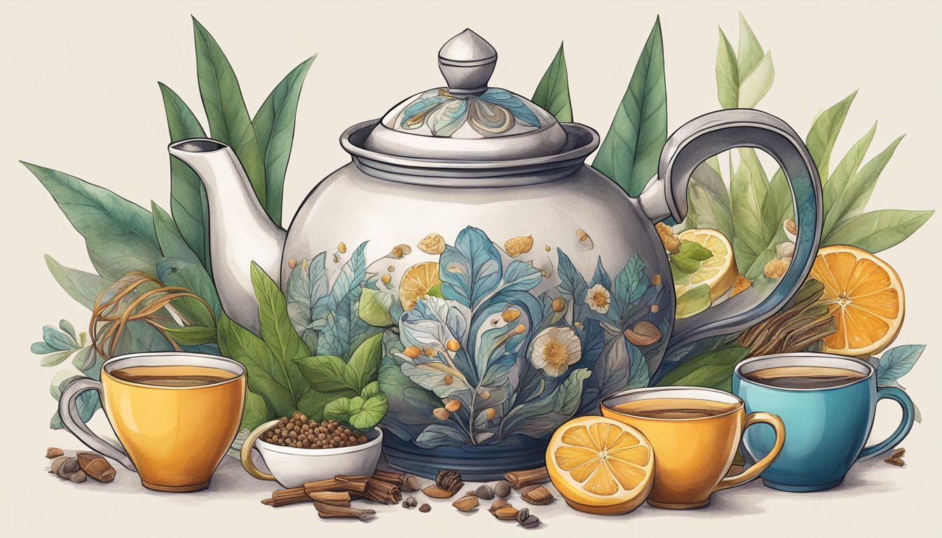 A teapot surrounded by various modern chai ingredients and accessories