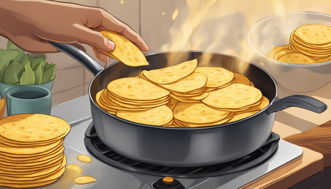 A hand reaching for a stack of golden tortillas, sizzling in a pan of hot oil