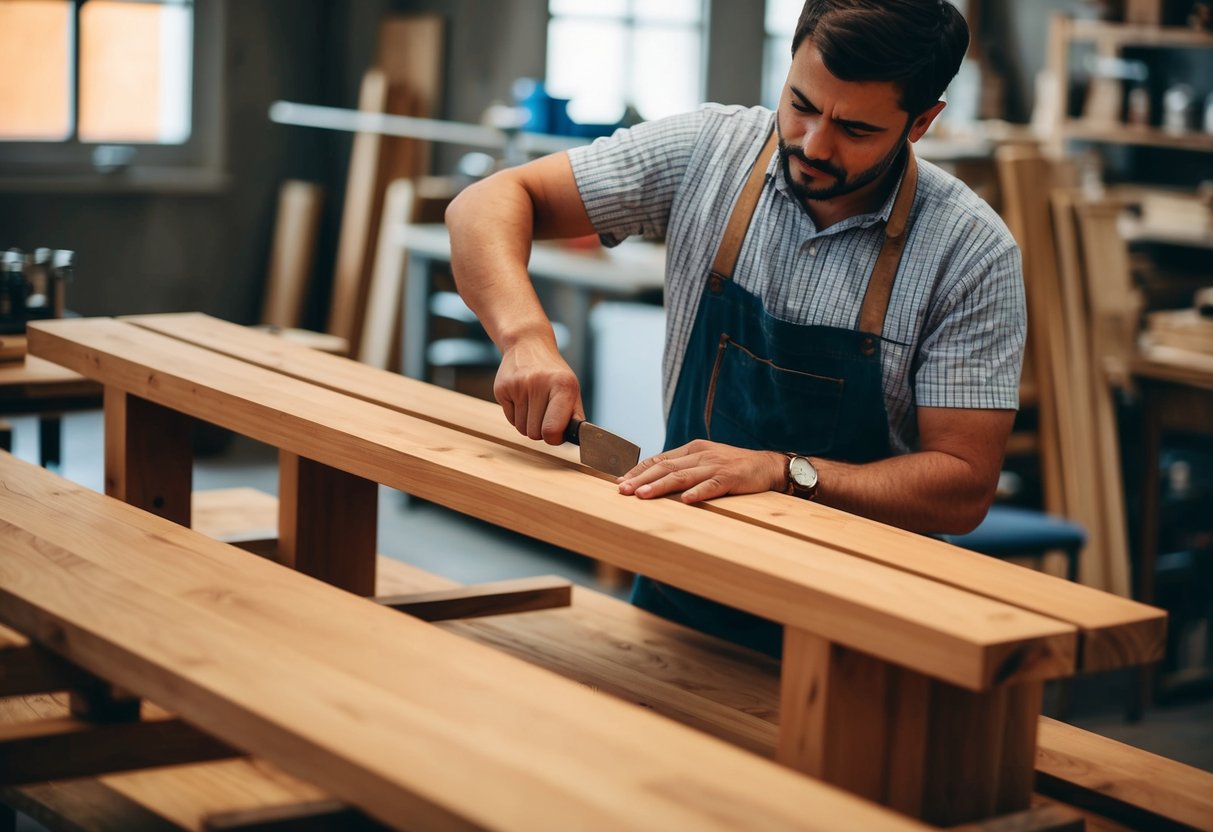 Ein Handwerker, der Massivholz mit traditionellen Techniken und Werkzeugen zu modernen Möbeln formt.