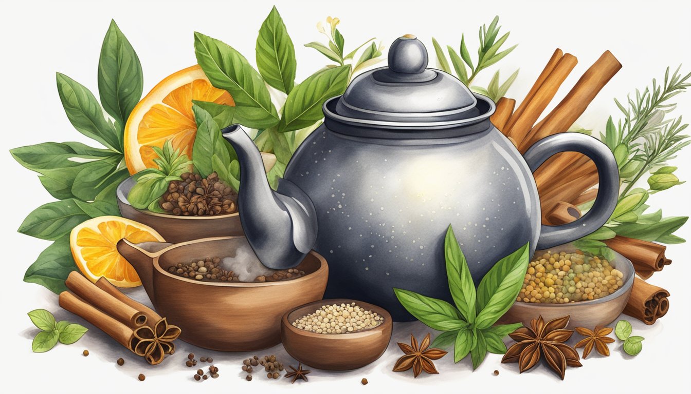 A steaming teapot of chai surrounded by various spices and herbs