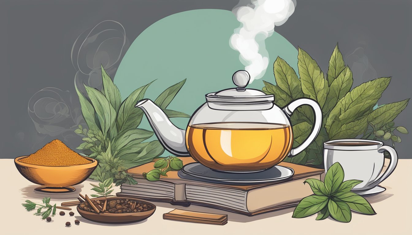 A steaming teapot surrounded by various herbs and spices, with a cup of chai and a book on health benefits nearby