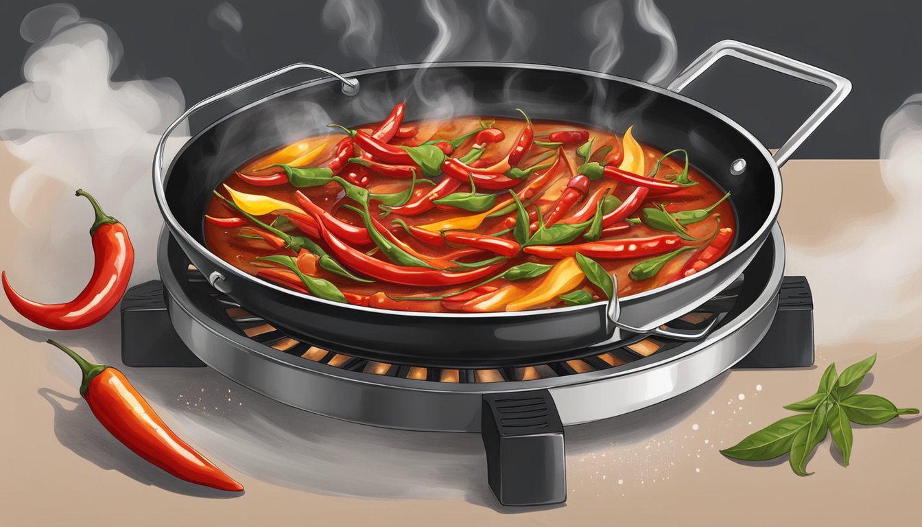 A skillet sizzling with chili oil, red chilis and Sichuan peppercorns. Smoke rises as the oil fries, infusing the air with a spicy aroma