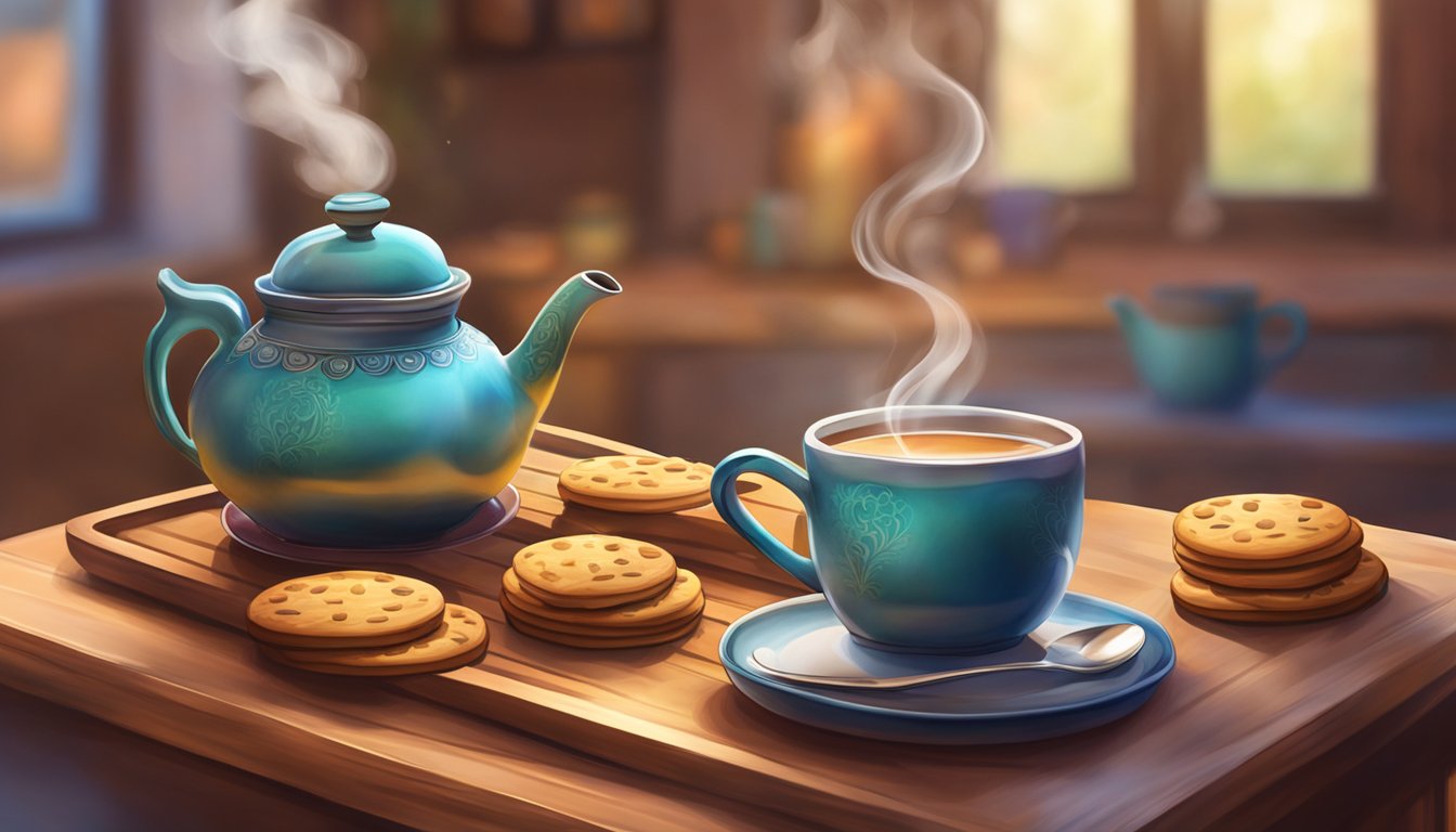 A steaming teapot of chai sits on a wooden tray, surrounded by colorful mugs and a plate of cookies. A cozy setting with a warm, inviting atmosphere