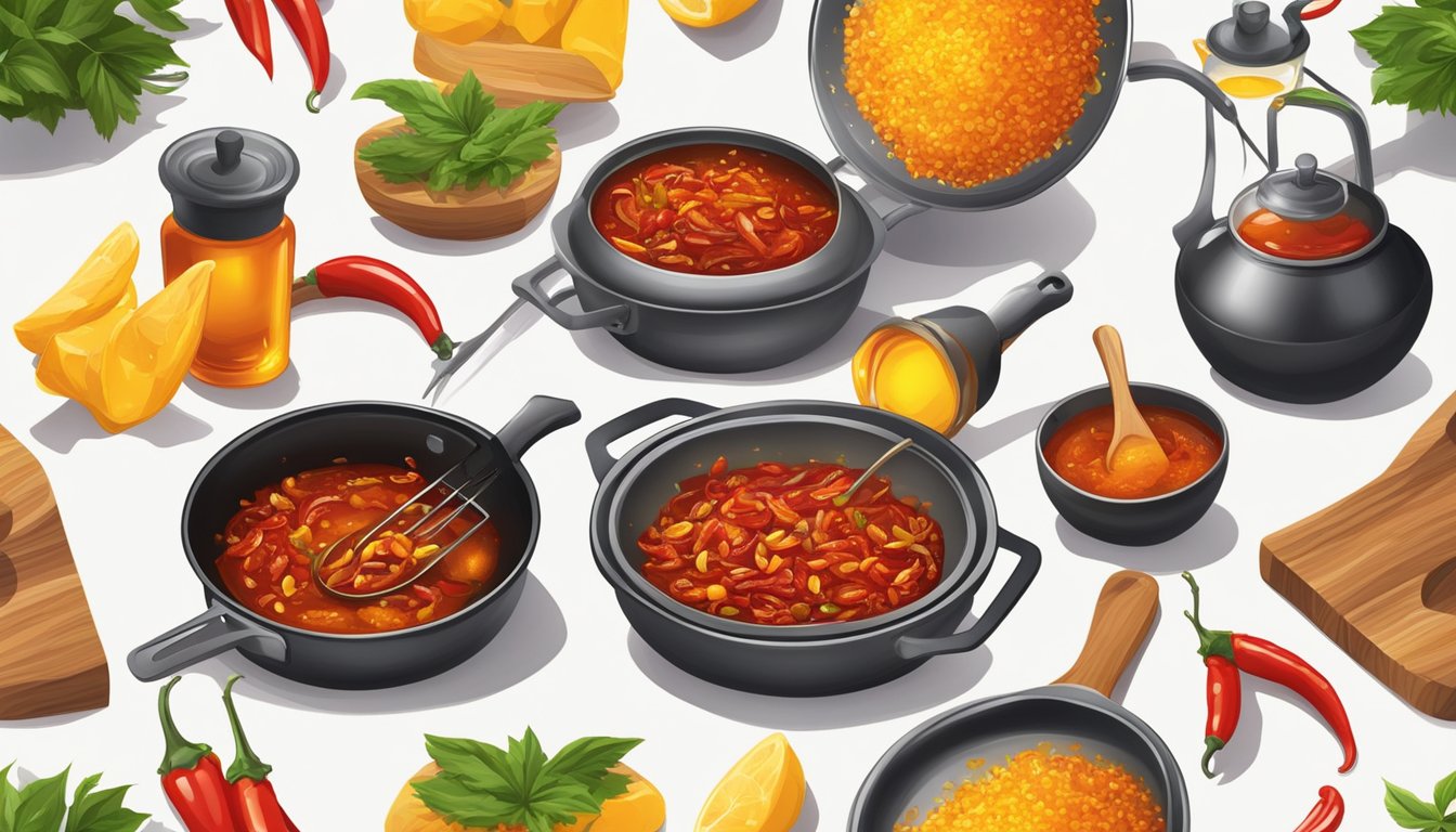 Sizzling chili oil coats a hot pan as ingredients are added, creating a vibrant and spicy aroma