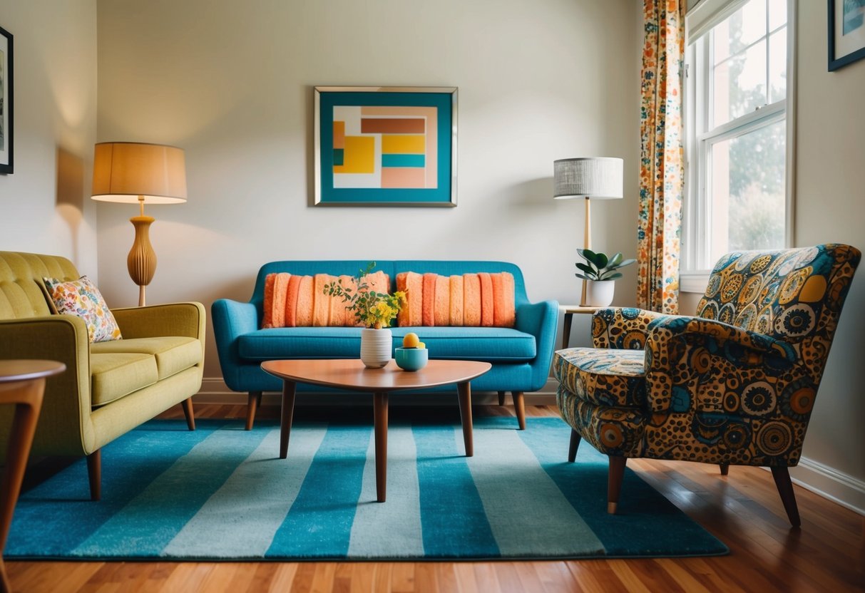 Ein gemütliches Wohnzimmer mit Retro-Möbeln, darunter ein Vintage-Sofa, ein Kaffeetisch im Mid-Century-Stil und ein funky gemusterter Sessel.