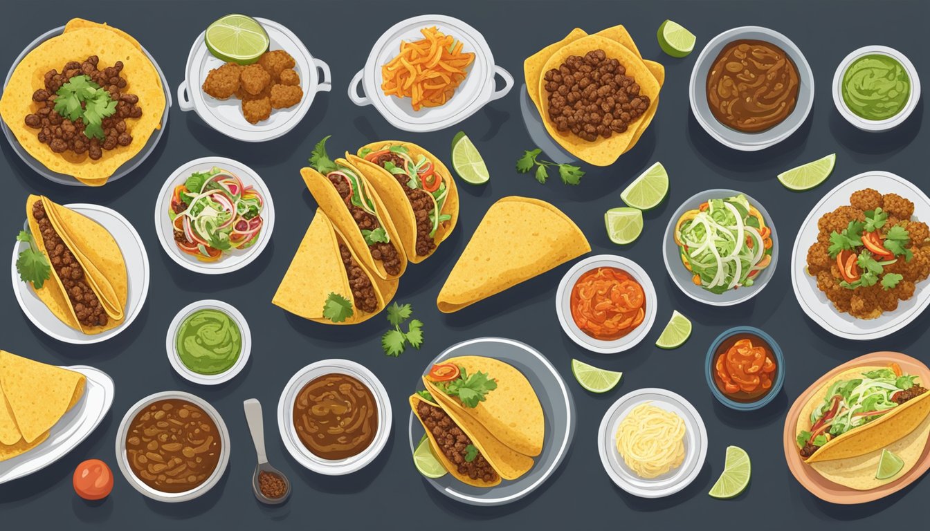 A variety of taco fillings and cooking methods from different cultures displayed next to a plate of crispy fried tacos