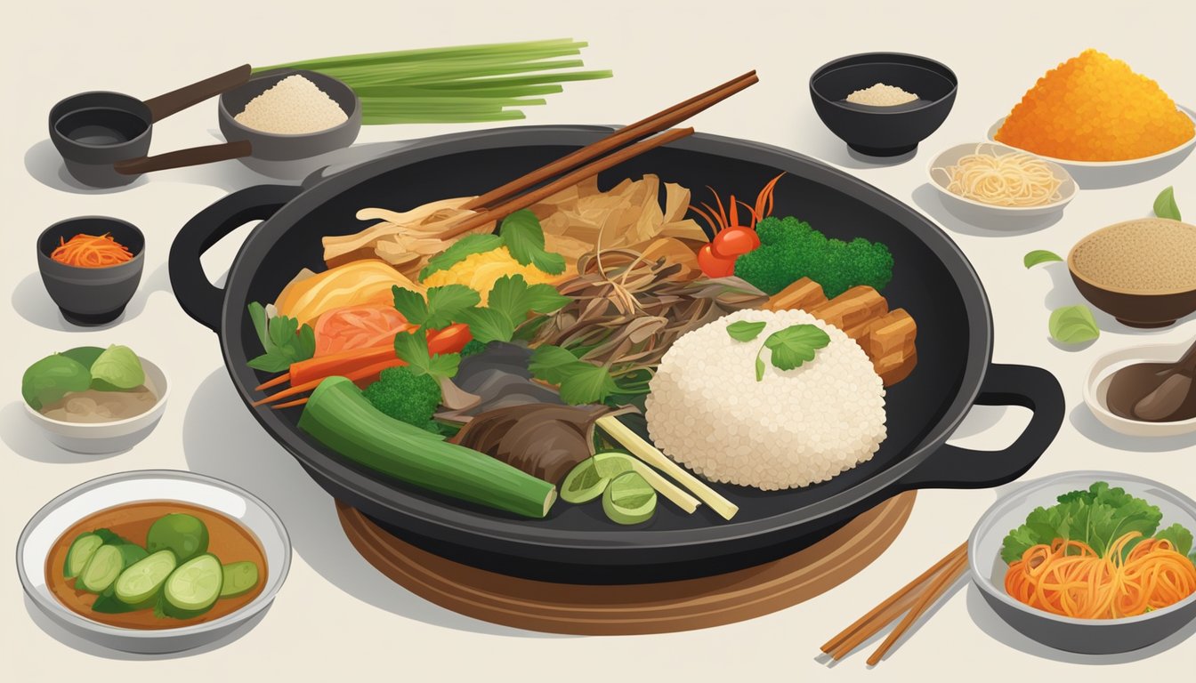 A wok alternative, such as a clay pot or cast iron skillet, surrounded by traditional Asian cooking ingredients and utensils