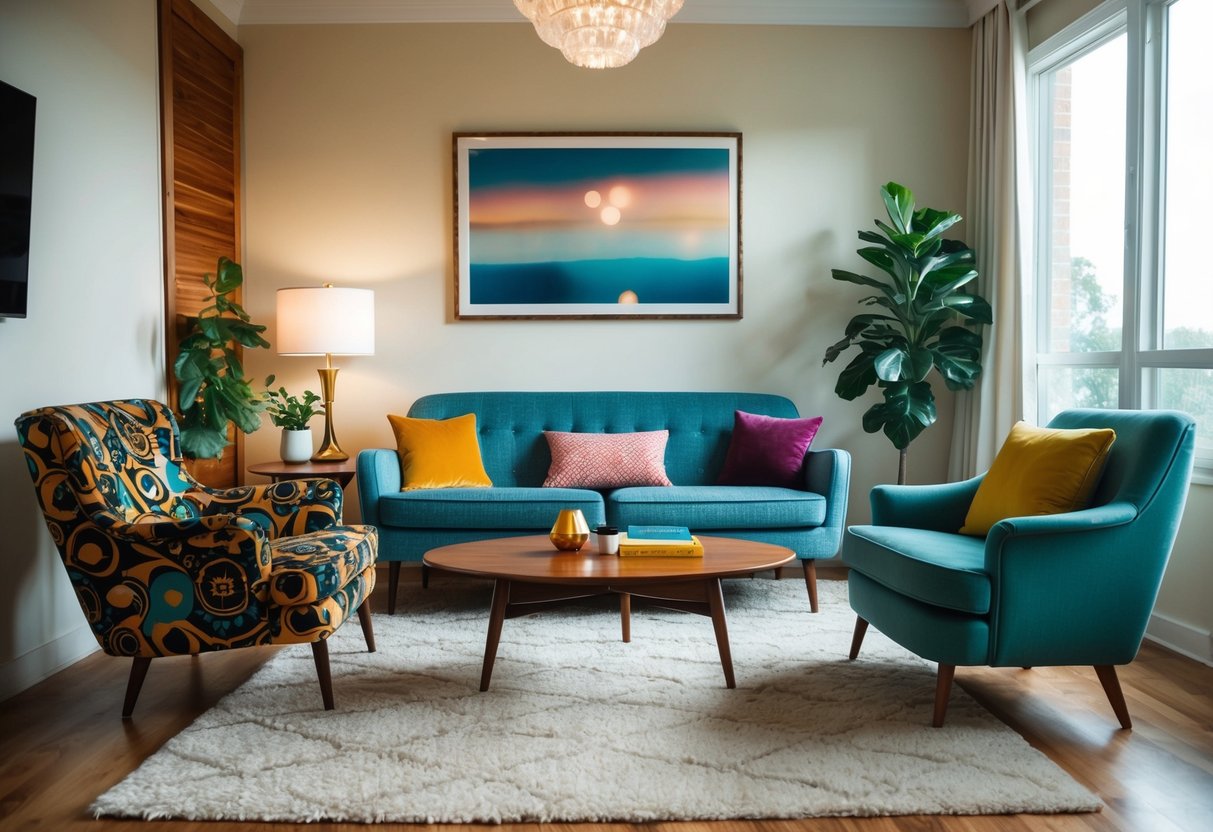 Ein gemütliches Wohnzimmer mit einer Mischung aus Retro-Möbeln, einschließlich eines Vintage-Sofas, eines Kaffeetisches aus der Mitte des Jahrhunderts und eines funky gemusterten Sessel.