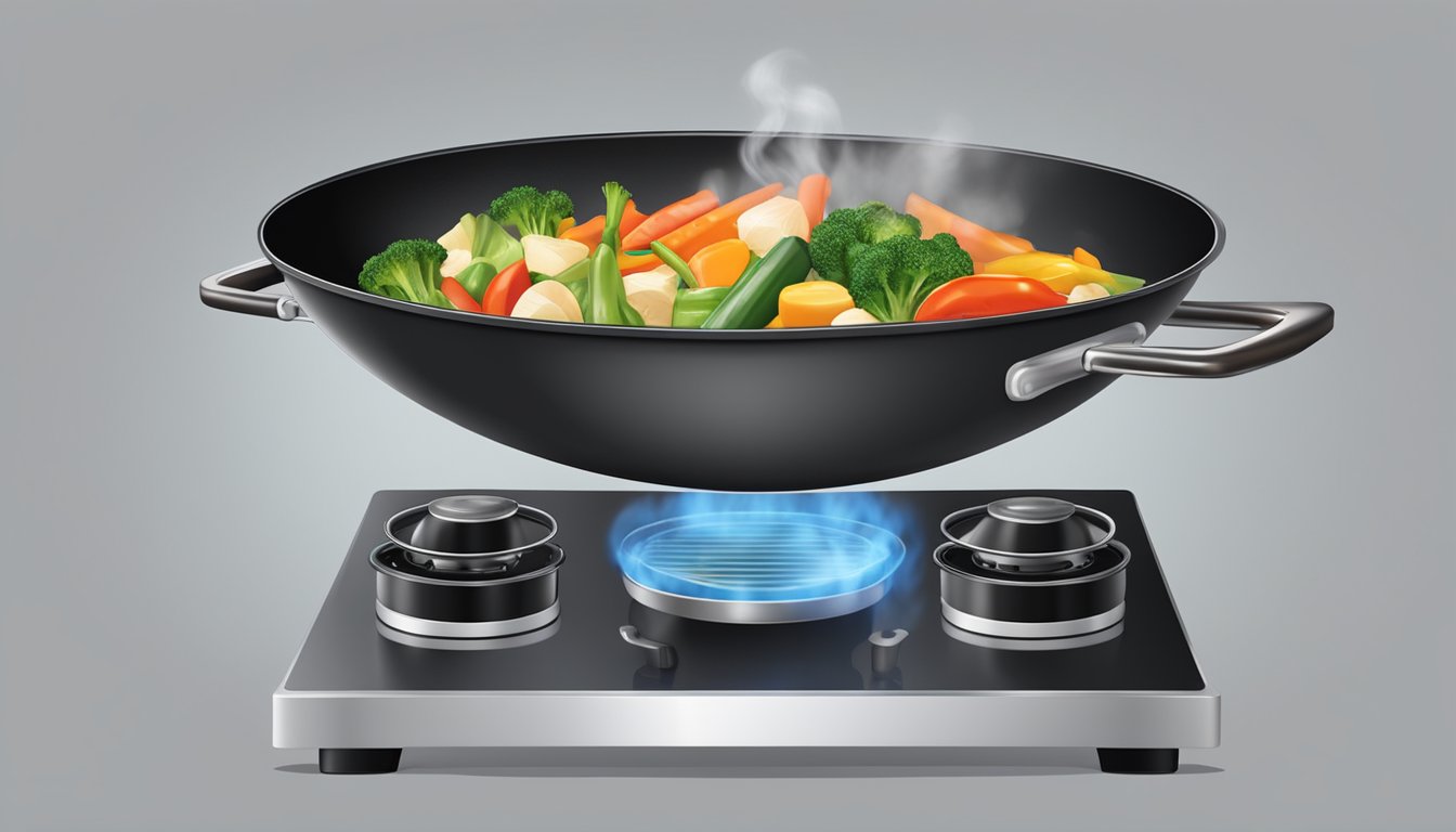 A wok sits on a gas stove, steaming with the aroma of stir-fry. Chopped vegetables and sizzling oil fill the air