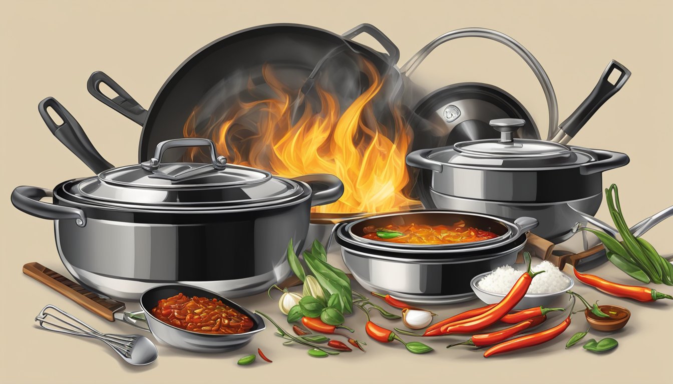 Cookware and tools sizzling in chili oil