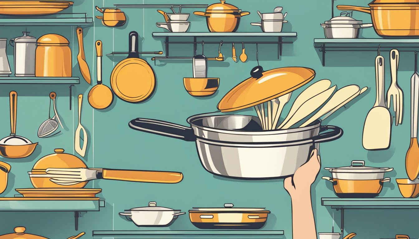 A hand reaching for a gleaming wok among various kitchen utensils on a store shelf