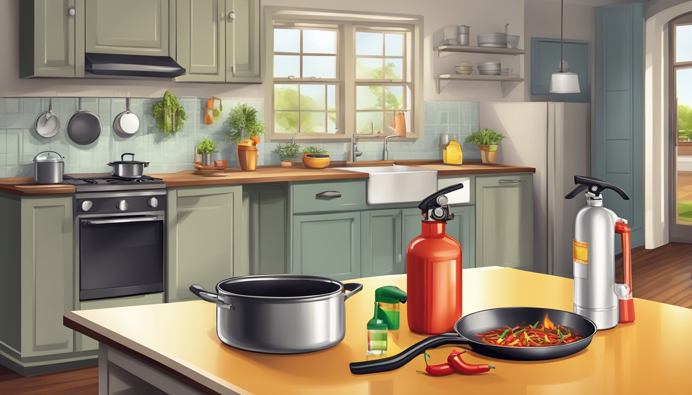 A kitchen scene with a bottle of chili oil, a frying pan, and a fire extinguisher nearby for safety