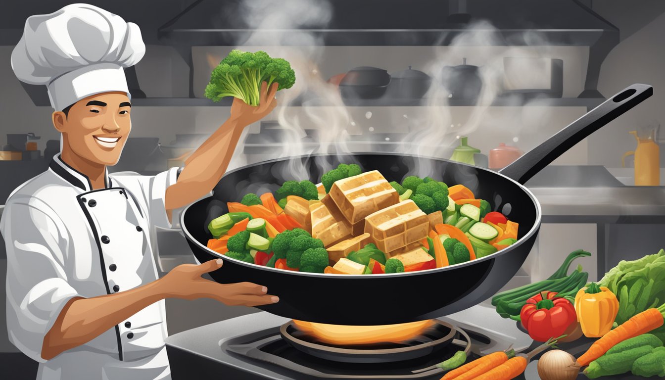 A chef tosses vibrant vegetables and sizzling tofu in a large, steaming skillet, adding a flavorful sauce to create a delicious, aromatic stir-fry alternative