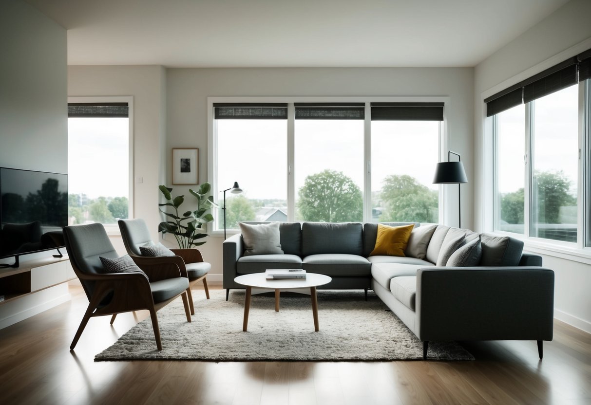 Ein gemütliches Wohnzimmer mit schlanker, minimalistischer skandinavischer Möbeln, durch große Fenster in natürliches Licht getaucht.