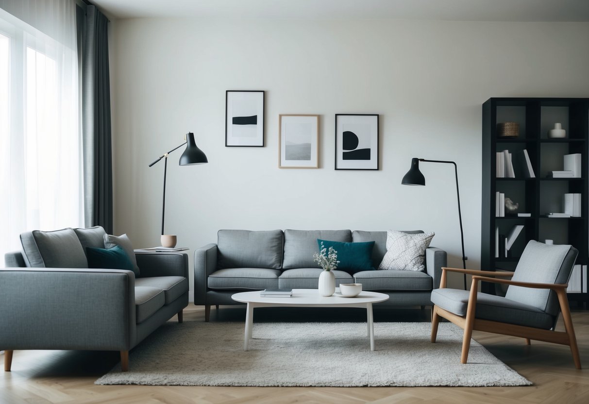 Ein gemütliches Wohnzimmer mit eleganten, minimalistischen skandinavischen Möbeln, darunter ein stilvolles Sofa, ein Couchtisch und Bücherregale, die alle online zum Kauf erhältlich sind.