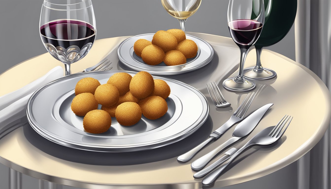 A table set with a platter of golden croquettes, surrounded by elegant silverware and a bottle of wine