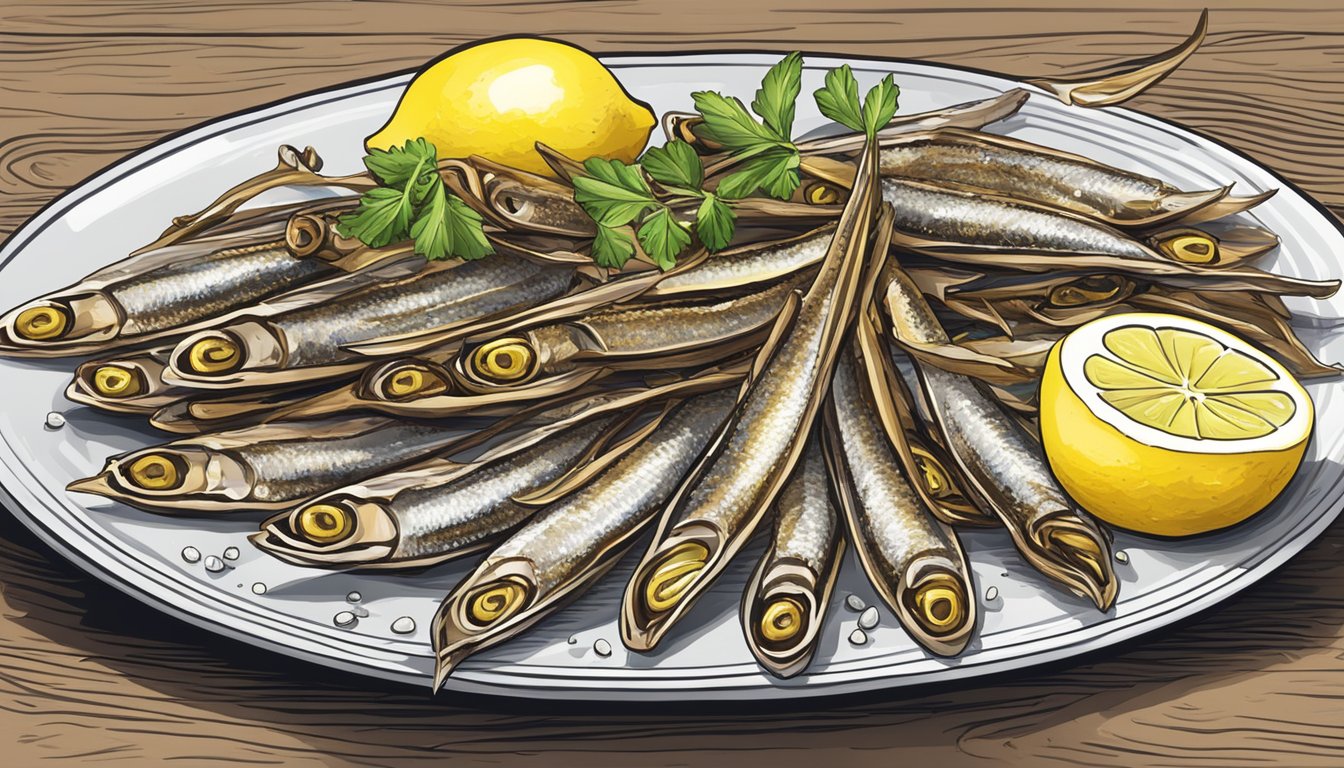 A plate of golden-brown fried anchovies with a side of fresh lemon wedges and a sprinkle of sea salt