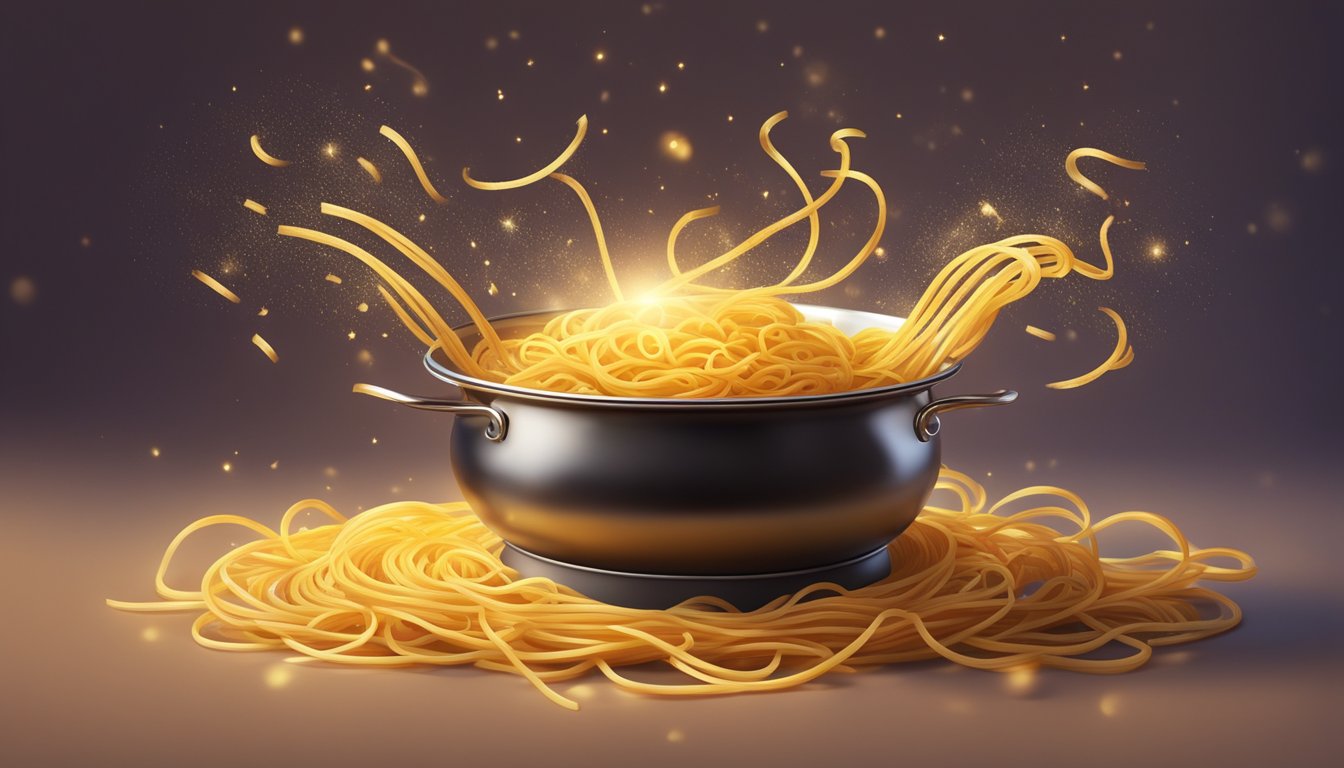 A bubbling pot of spaghetti transforms into a golden, steaming plate of fried spaghetti, surrounded by swirling magic sparks