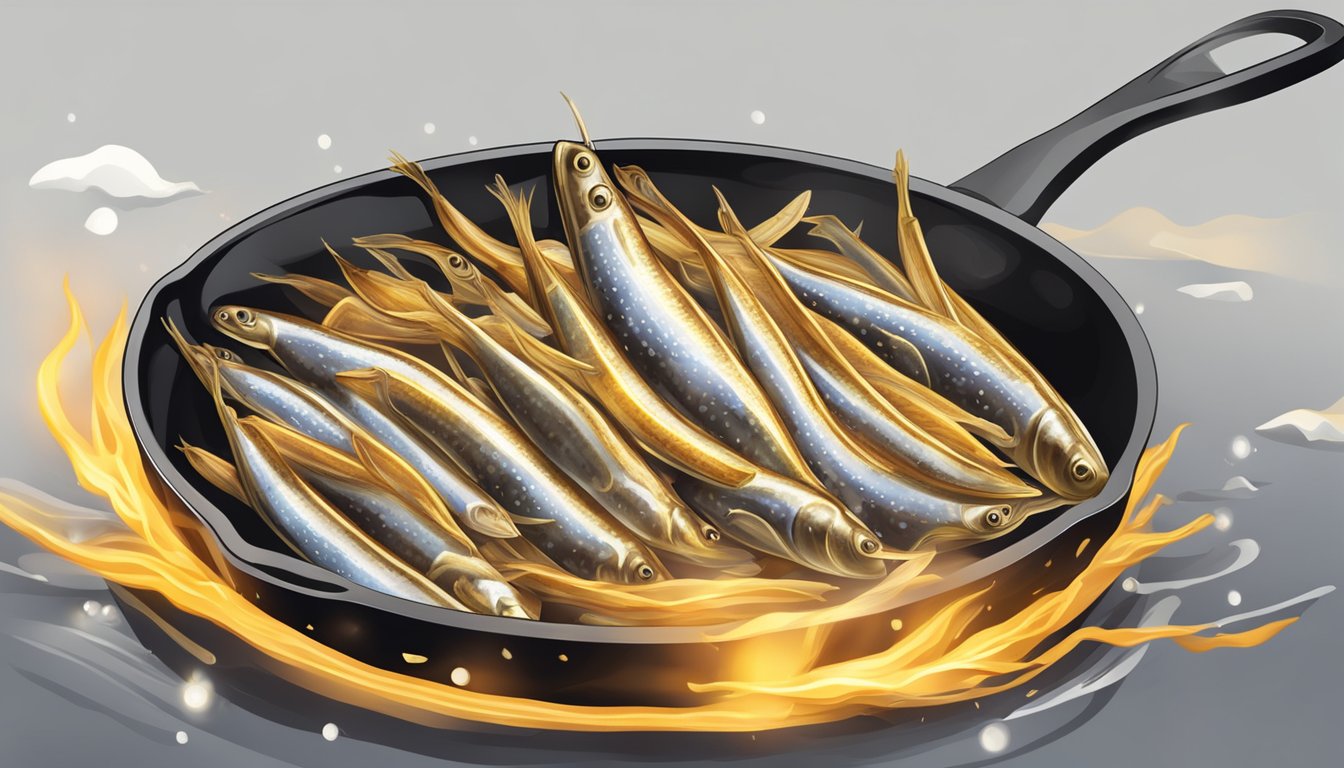 Golden anchovies sizzling in a hot pan, releasing a savory aroma and crackling as they fry