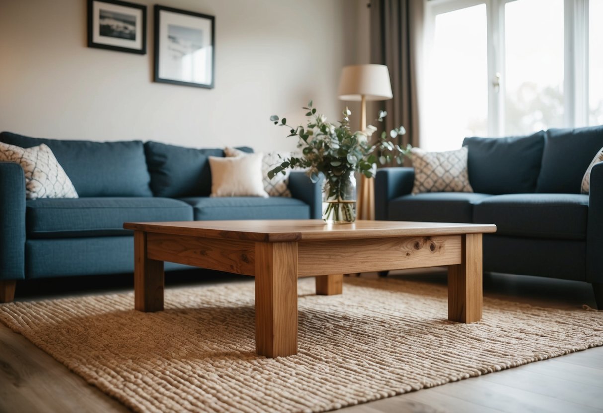 Ein Holztisch in einem gemütlichen Wohnzimmer