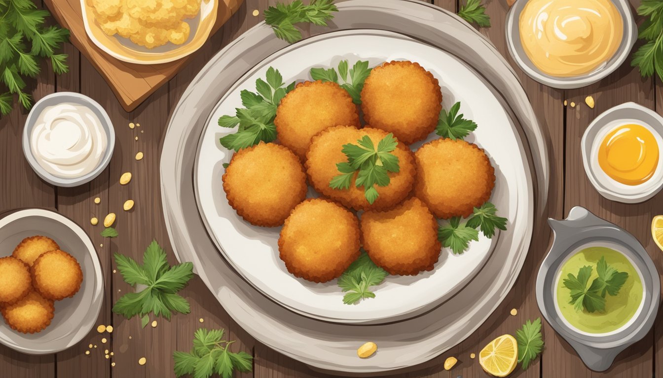 A plate of golden, crispy croquettes sits on a rustic wooden table, surrounded by a scattering of fresh herbs and a dollop of creamy dipping sauce