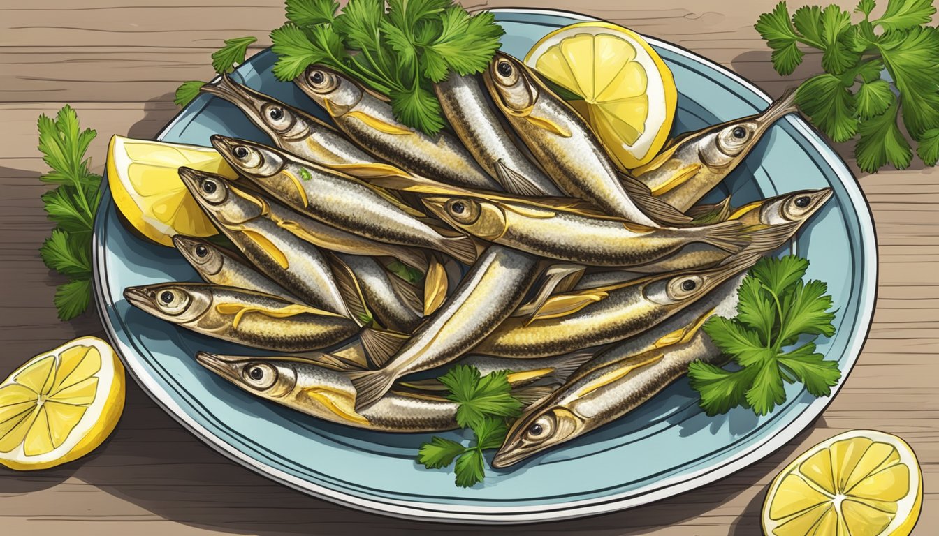 A plate of fried anchovies garnished with lemon wedges and fresh parsley