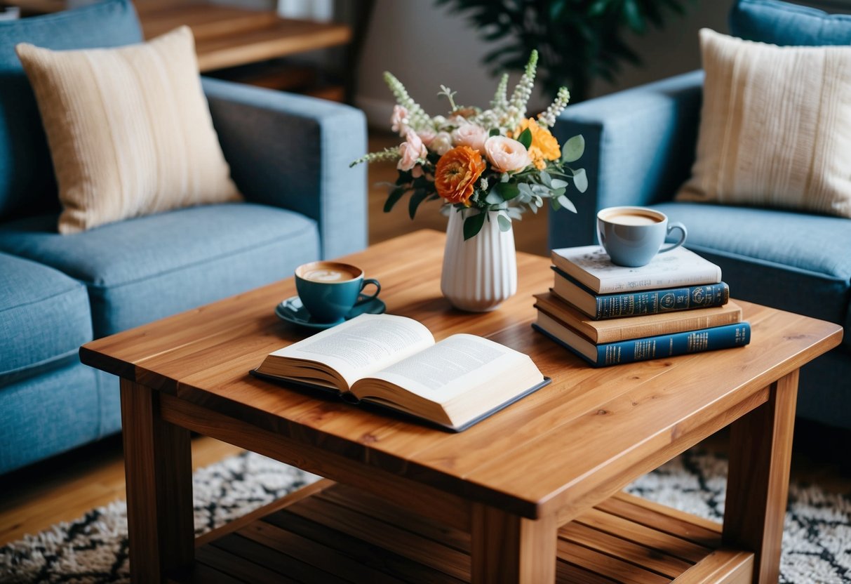 Ein Holztisch umgeben von bequemen Sitzgelegenheiten, geschmückt mit Büchern, einer Vase mit Blumen und einer warmen Tasse Kaffee