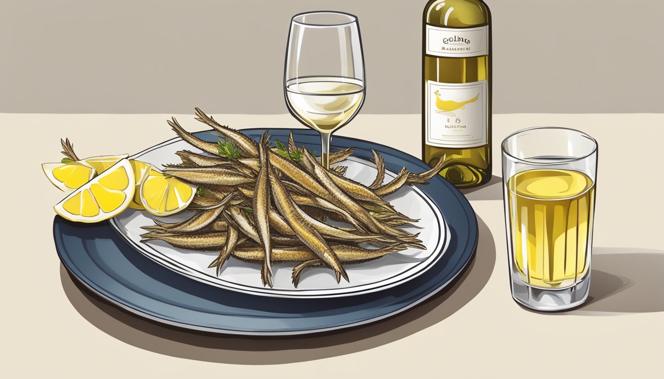 A plate of golden fried anchovies with a side of lemon wedges, accompanied by a tall glass of crisp white wine