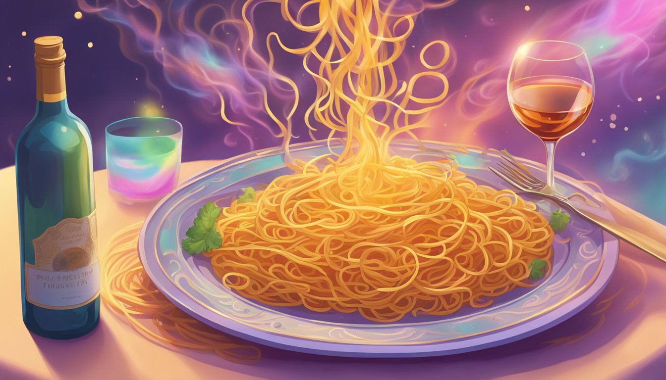 A steaming plate of fried spaghetti levitates, surrounded by swirling magical auras, as a bottle of wine hovers nearby for pairing