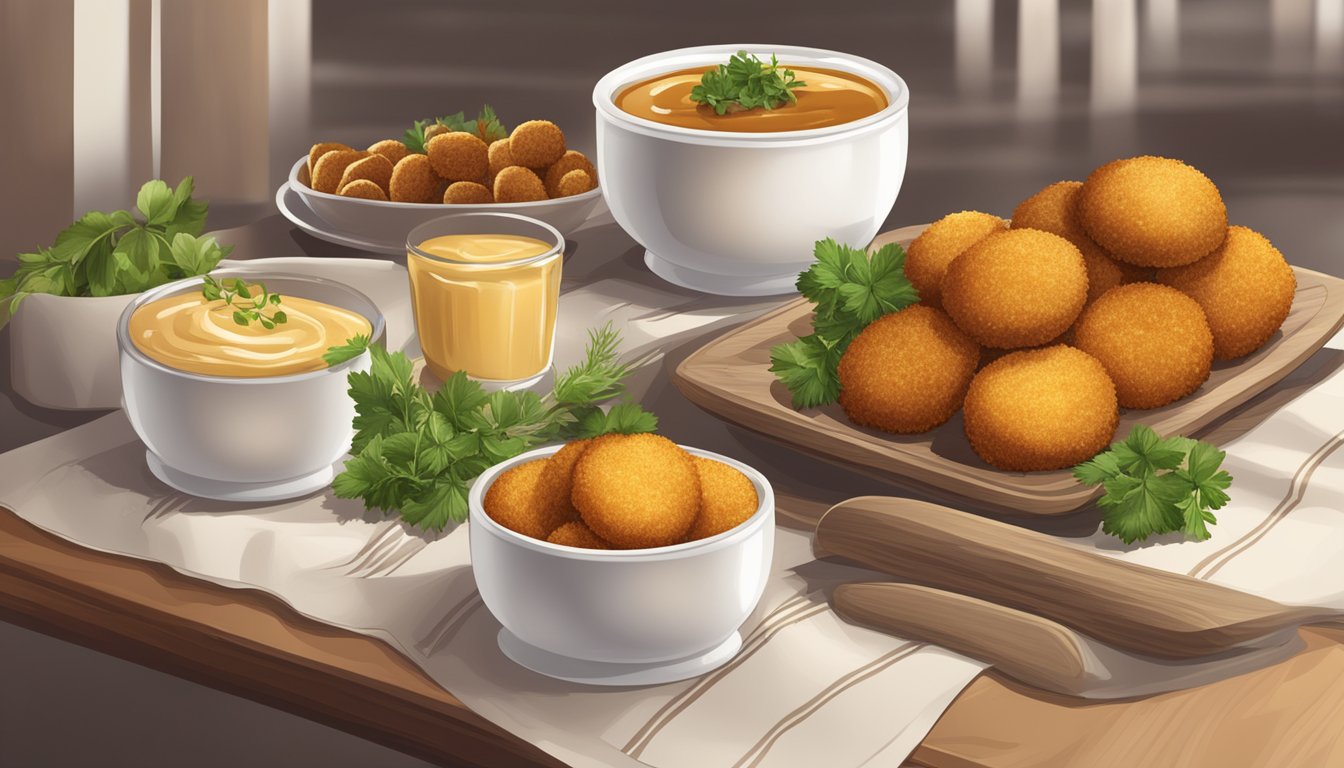 A table set with an assortment of golden-brown croquettes, accompanied by dipping sauces and garnished with fresh herbs