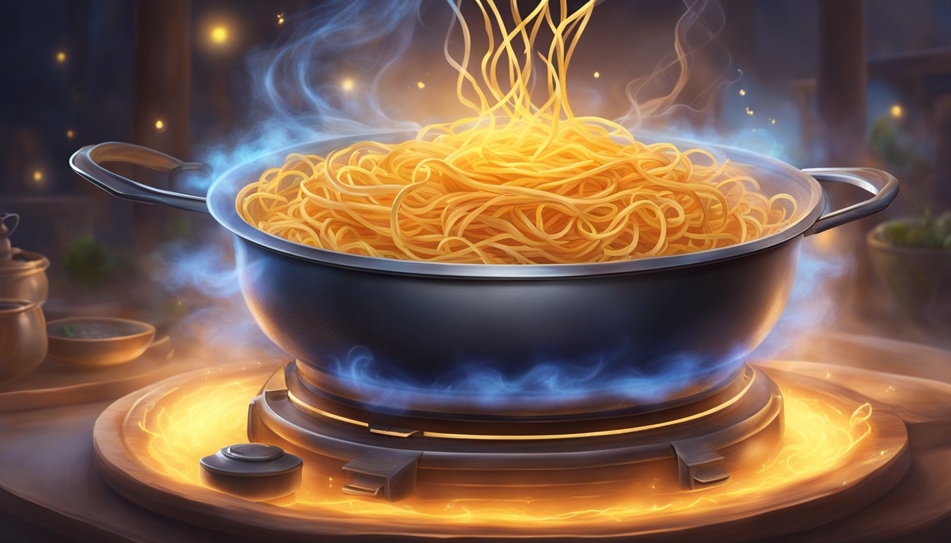 A steaming plate of fried spaghetti hovers above a glowing cauldron, emanating magical wisps