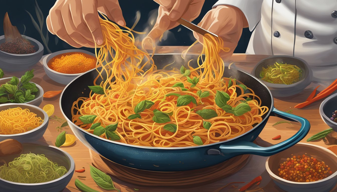 A chef's hand tosses fried spaghetti in a sizzling pan, surrounded by floating jars of colorful spices and herbs