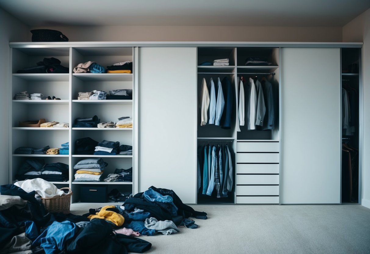 Ein unordentliches Zimmer mit offenen Regalen und verstreuter Kleidung, kontrastiert mit einem eleganten, organisierten Einbauschrank mit Schiebetüren.