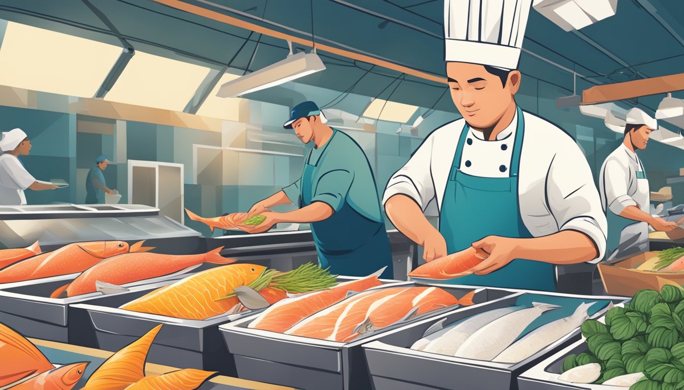 A chef selects a fresh fish from a display at a bustling seafood market