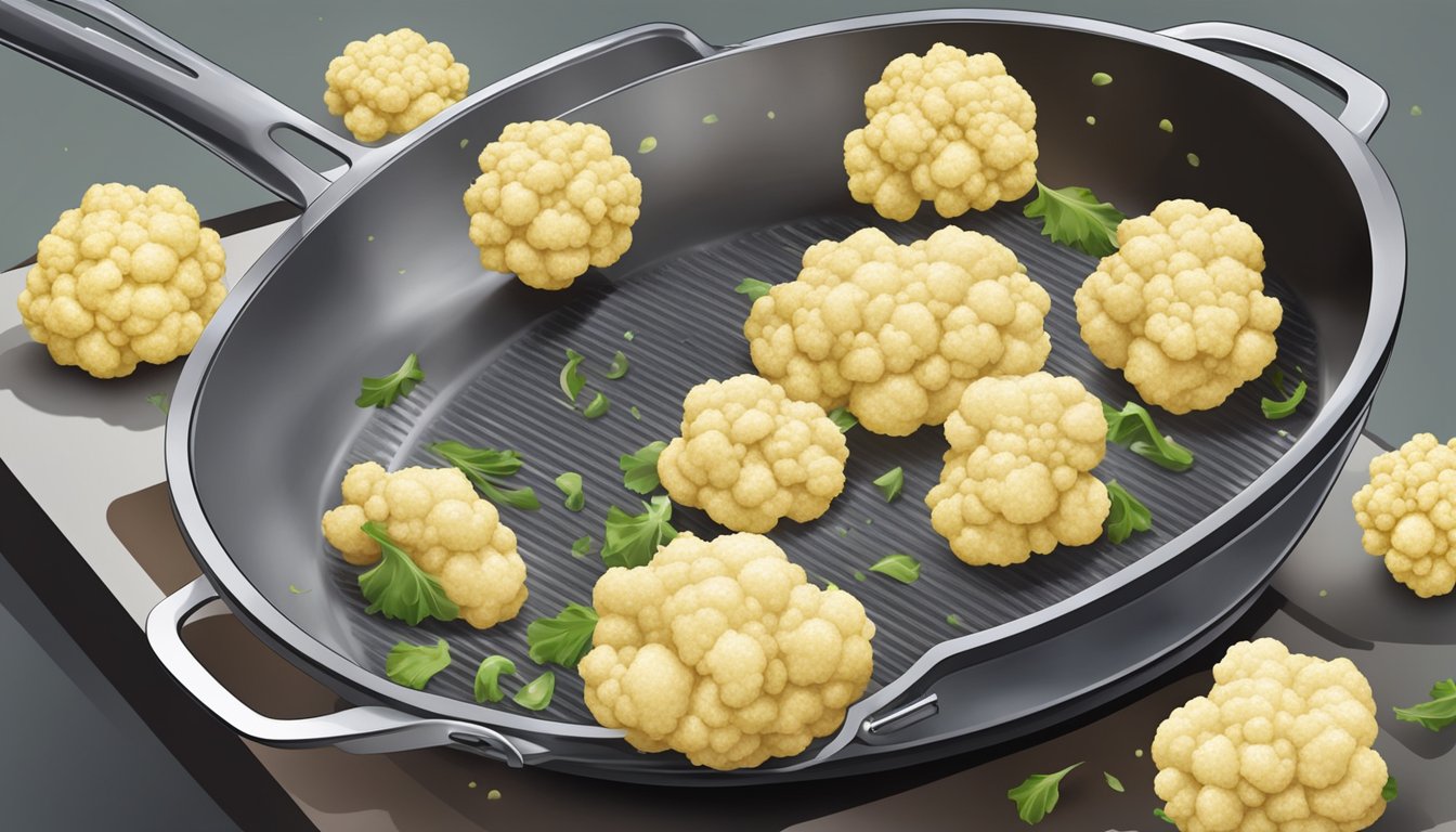 Cauliflower florets being dipped in batter and sizzling in a hot frying pan