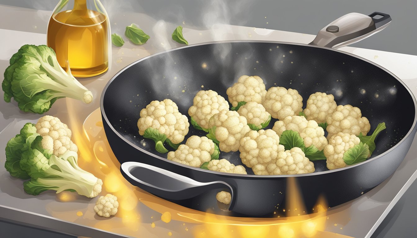 Cauliflower florets sizzle in a hot pan, surrounded by bubbling oil. A spatula flips them as they turn golden brown and crispy