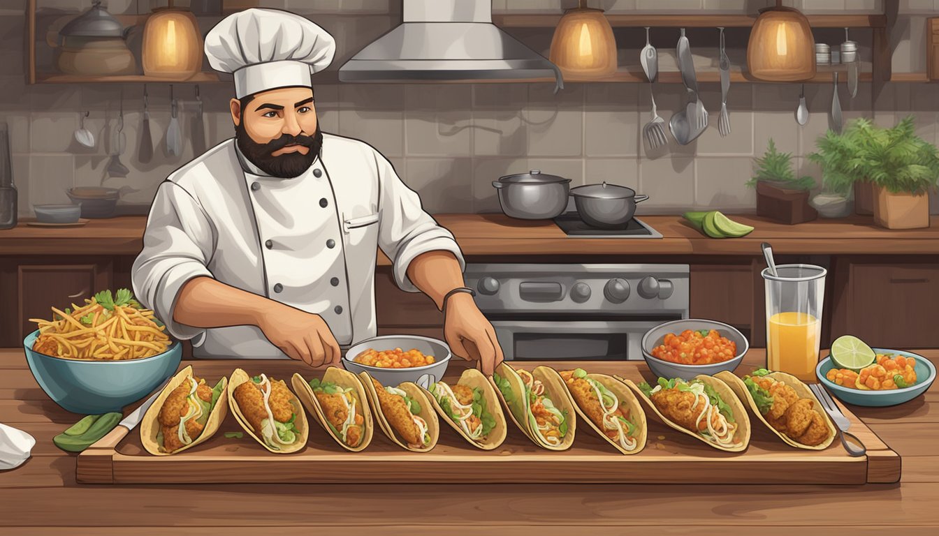 A chef prepares and serves a variety of fried fish tacos with assorted toppings and sauces on a wooden serving platter