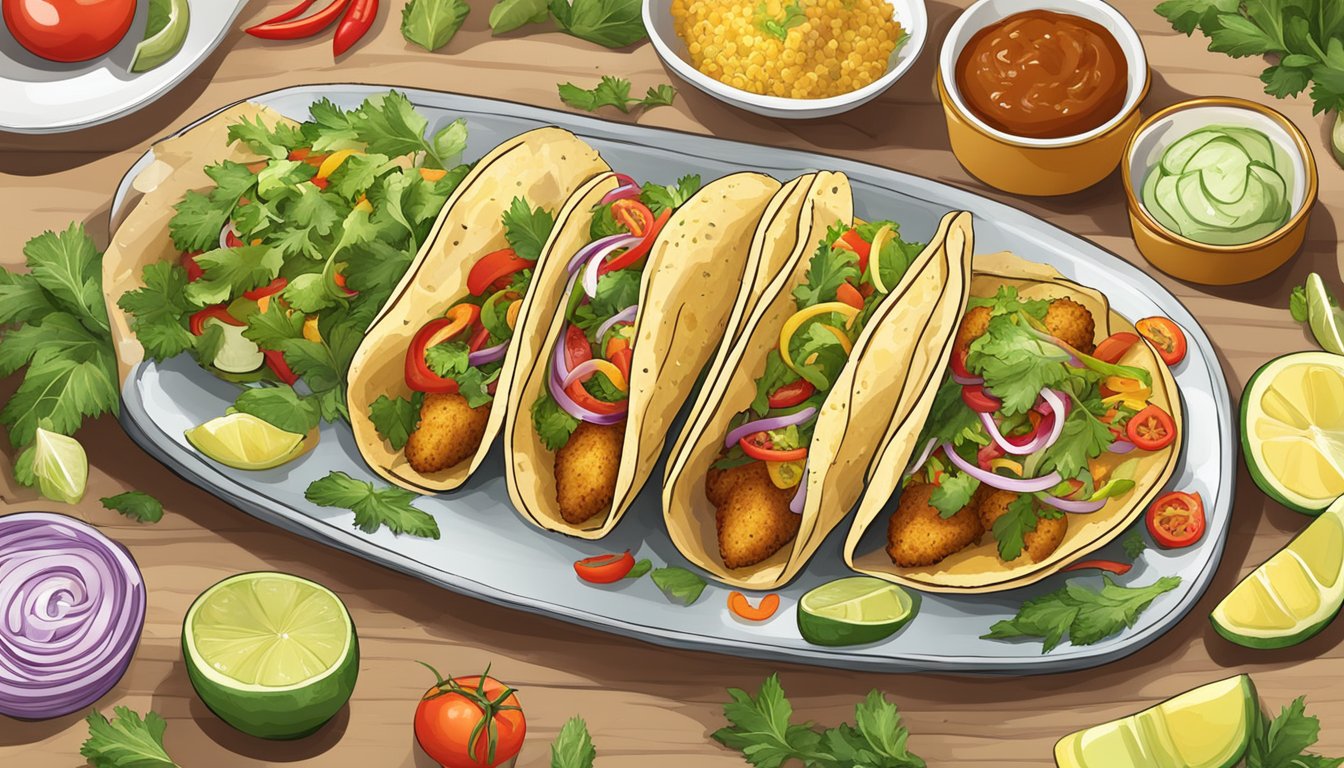 A colorful array of fresh vegetables, herbs, and condiments arranged around a platter of golden-fried fish tacos