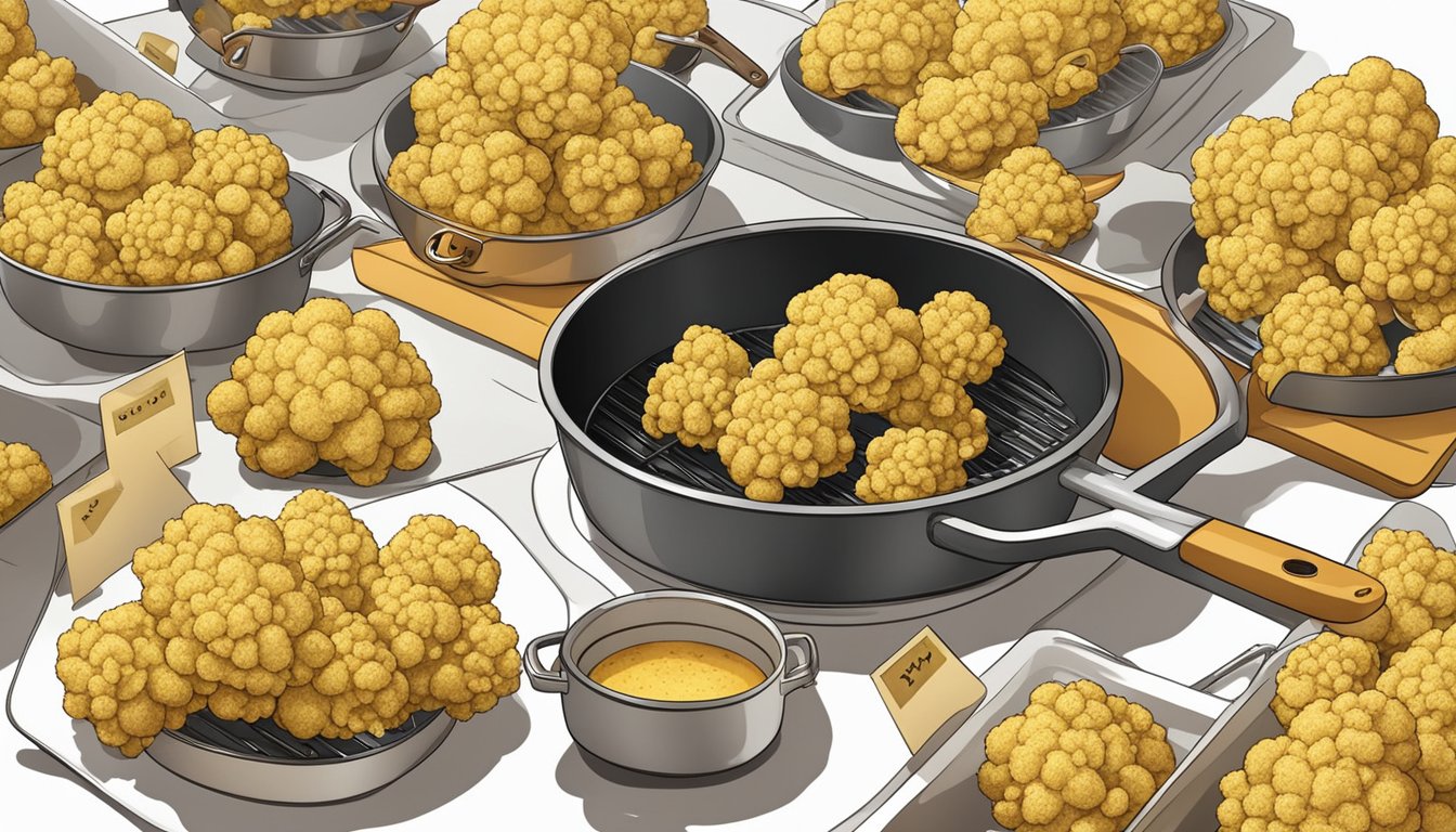 Golden brown cauliflower pieces sizzling in a hot pan, surrounded by safety tips and caution signs