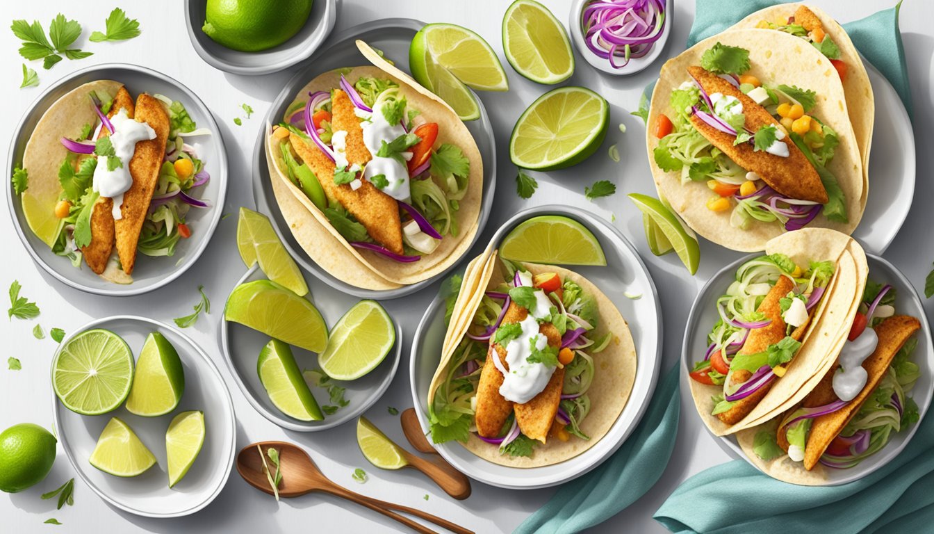 A sizzling pan of golden-brown fish tacos surrounded by vibrant garnishes and fresh lime wedges on a clean, white plate