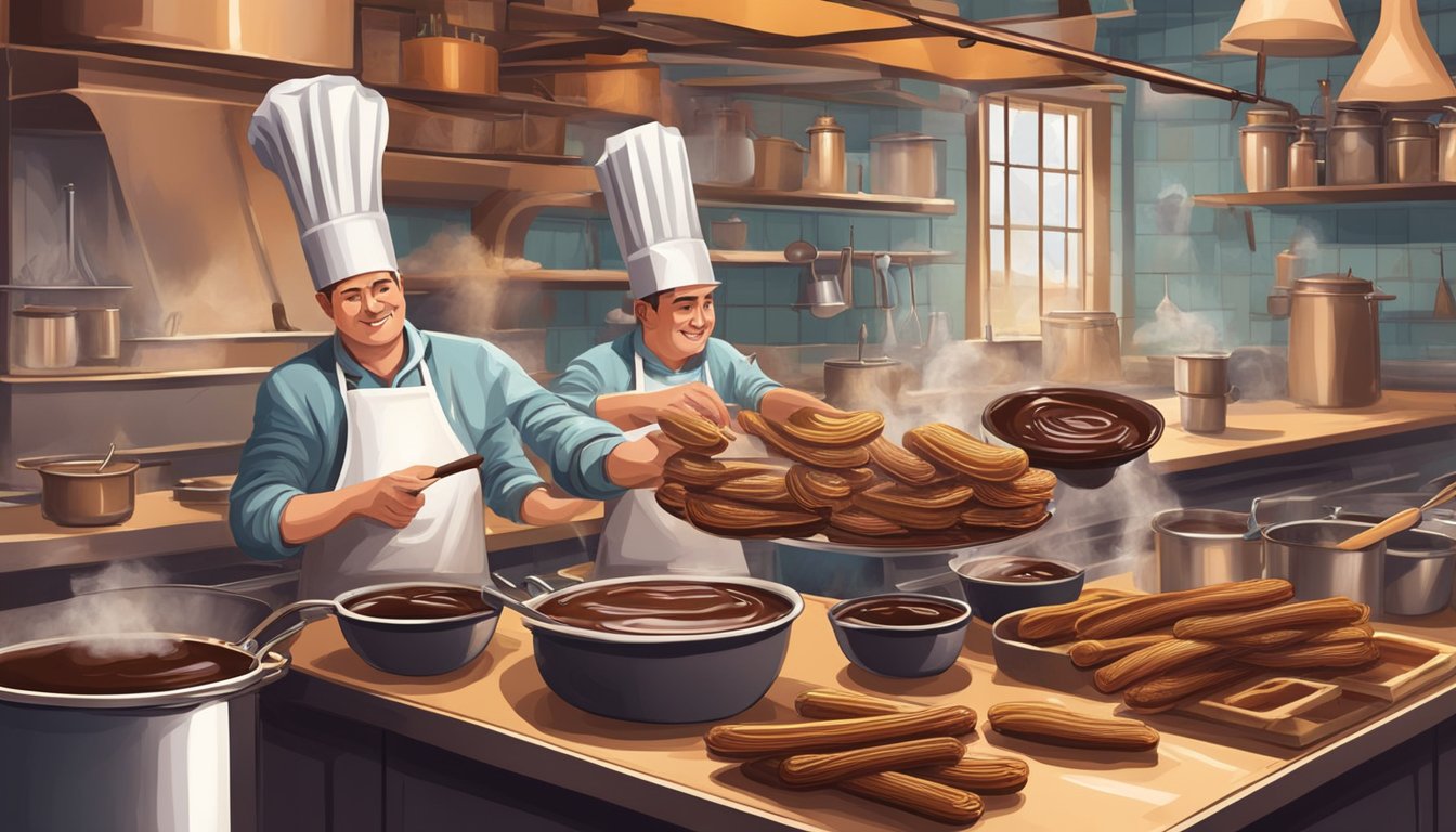 A chef frying churros in bubbling oil while another stirs a pot of rich chocolate sauce. Tables cluttered with ingredients and utensils