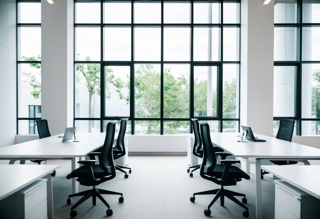 Ein modernes, minimalistisches Büro mit eleganten, funktionalen Schreibtischen und ergonomischen Stühlen. Natürliches Licht strömt durch große Fenster und beleuchtet den sauberen, organisierten Arbeitsplatz.