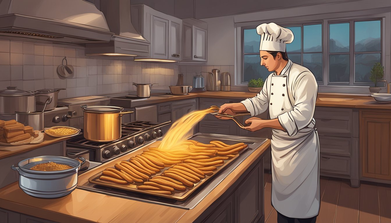 A chef preparing churro dough and piping it into hot oil, while a pot of rich chocolate simmers on a stove nearby