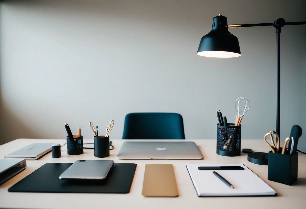 Ein moderner, minimalistischer Schreibtisch mit klaren Linien und langlebigen Materialien, umgeben von Organisationshilfen und funktionalen Accessoires.