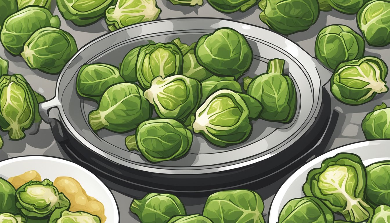 Brussels sprouts sizzling in a hot pan, emitting a savory aroma. A golden-brown crust forms on the surface, while steam rises from the tender insides