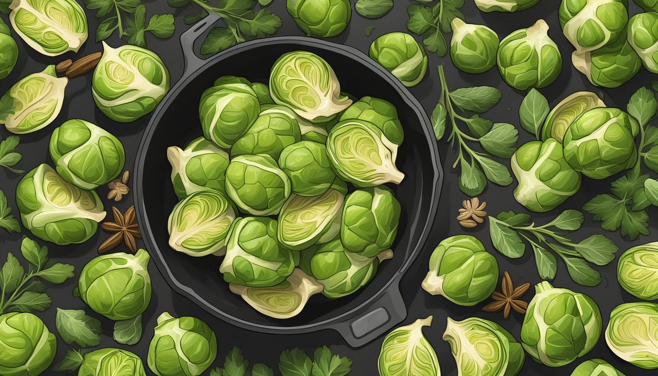 Golden brussels sprouts sizzling in a skillet, surrounded by aromatic herbs and spices