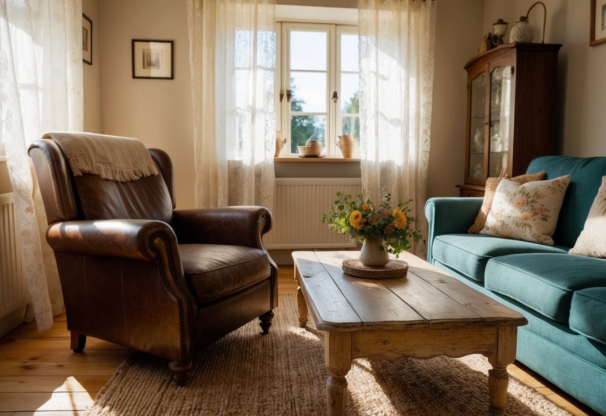 Ein gemütliches Wohnzimmer mit einem abgenutzten Lederarmstuhl und einem verwitterten Holztisch, der mit vintage Dekor geschmückt ist. Sonnenlicht strömt durch Spitzenvorhänge und wirft warme Schatten auf die geliebten Möbel.