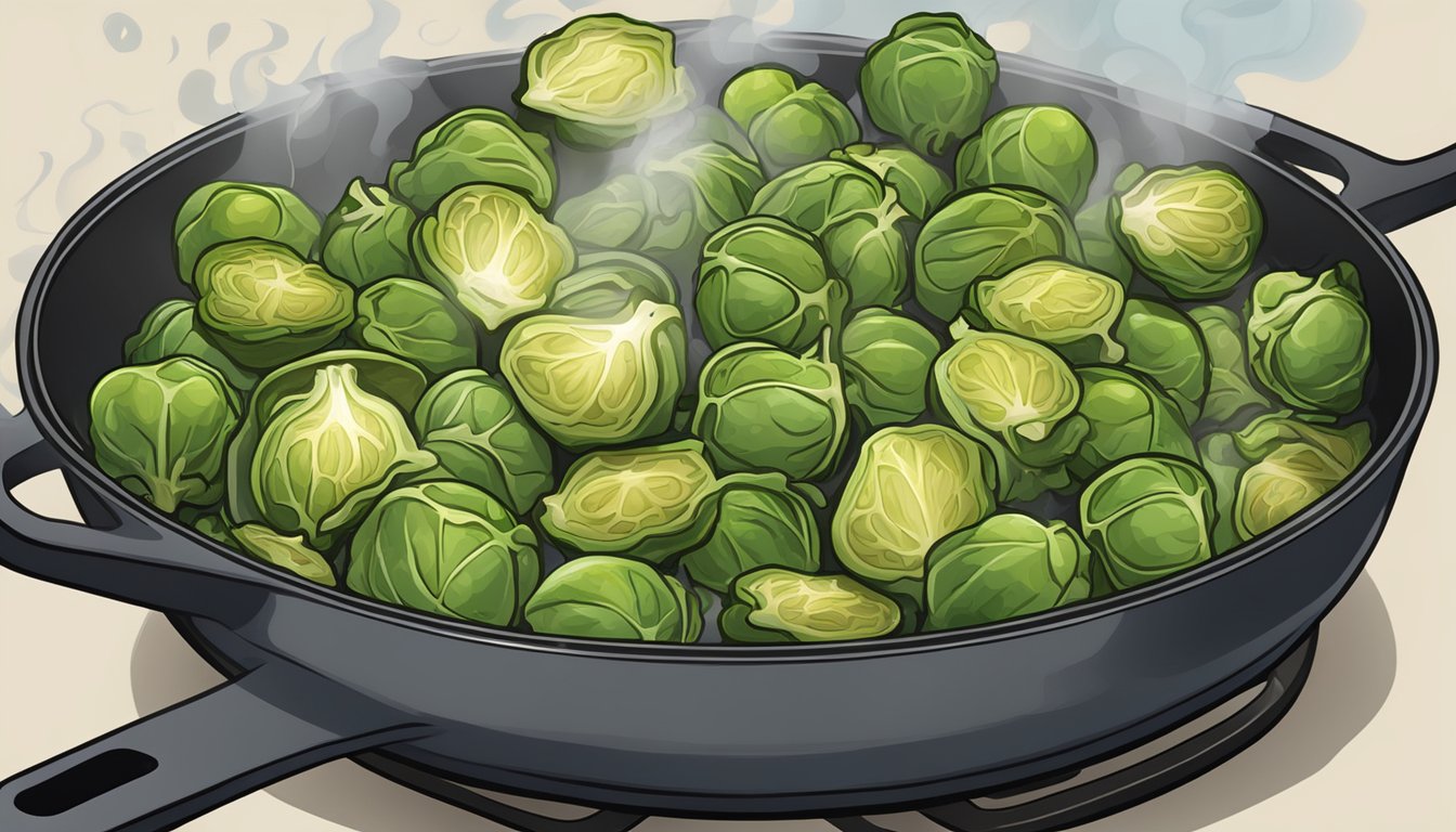 A sizzling skillet of fried brussels sprouts with steam rising