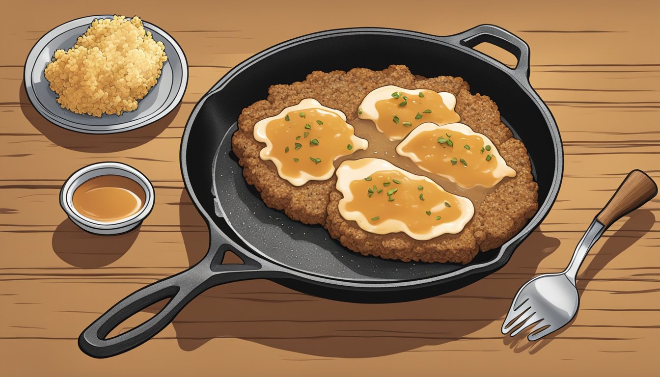 A sizzling cast iron skillet with golden brown chicken fried steak and bubbling gravy